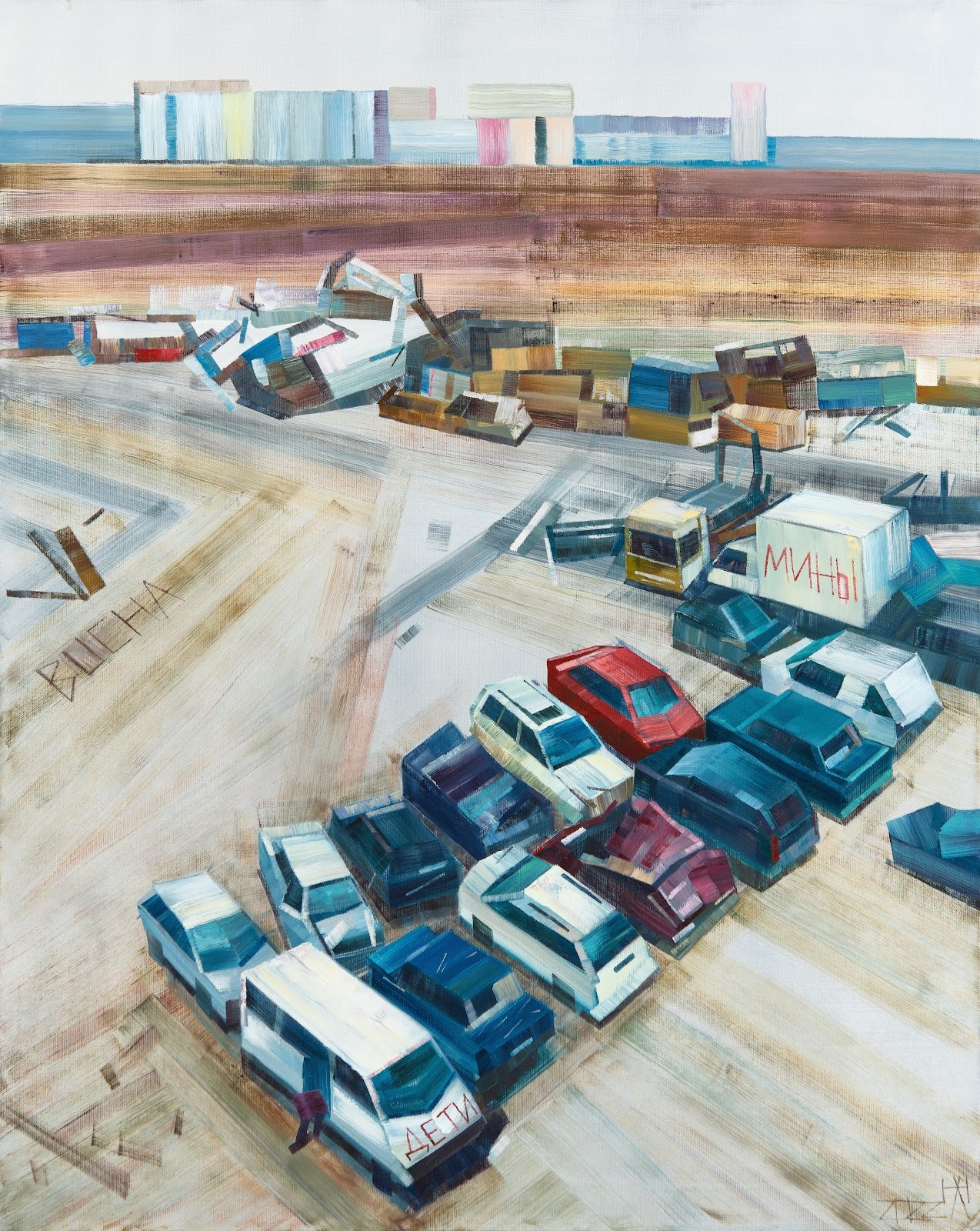 Nata Levitasova - original 100x80, canvas, oil - "Cars cemetery. Bucha"
